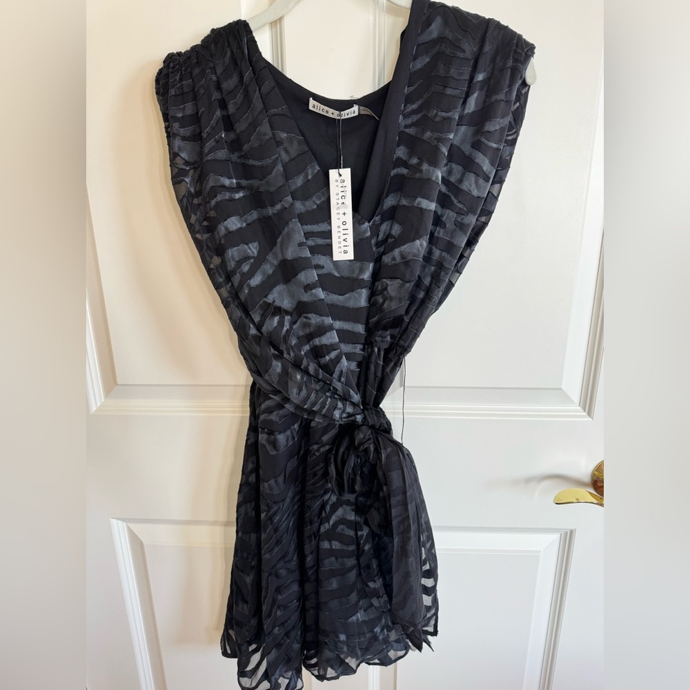 Alice + Olivia Black Essie Burnout Satin Mini faux Wrap Dress- Zebra - Picture 2 of 8